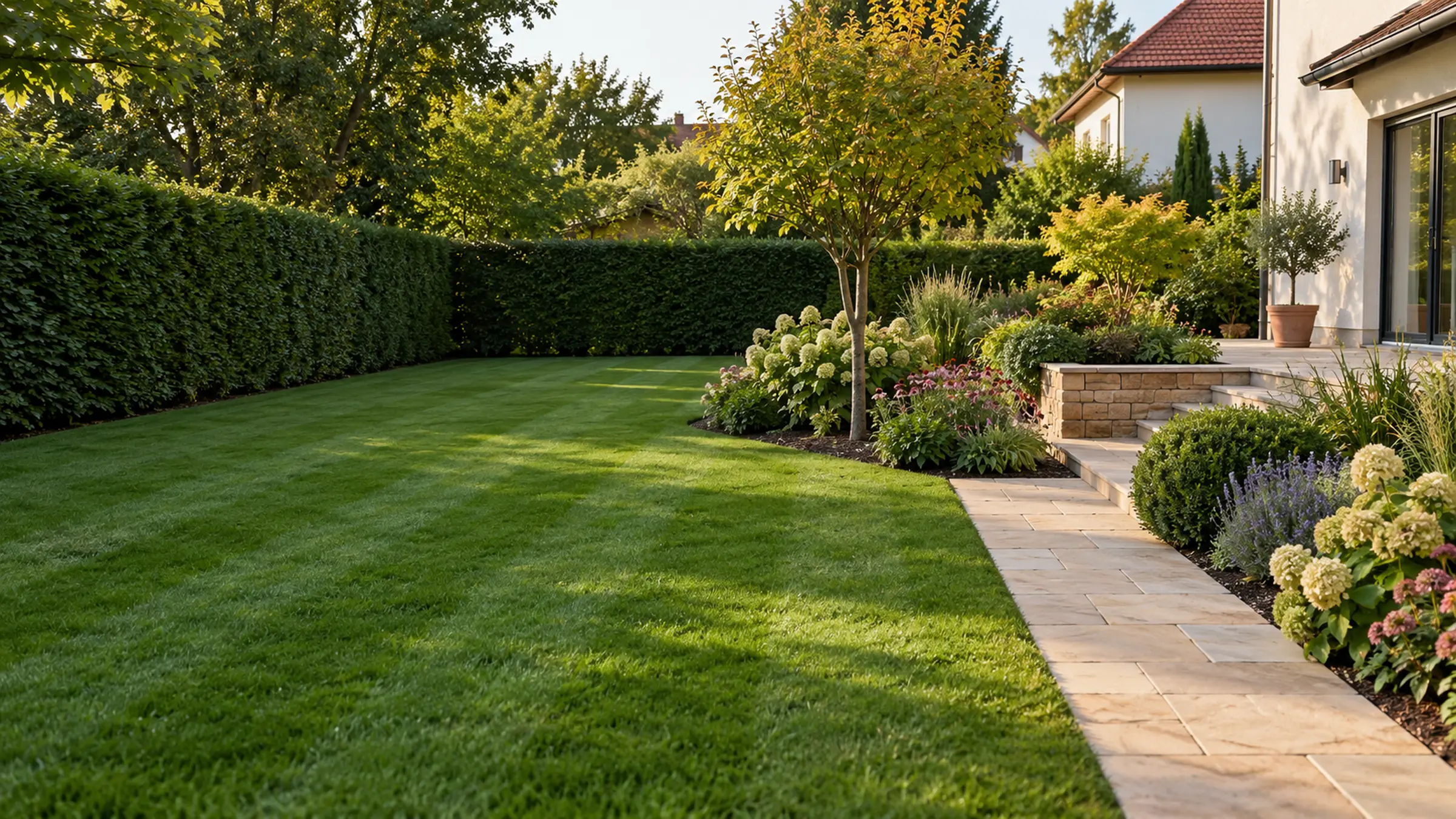 Gepflegter Garten mit frisch gemähtem Rasen und geschnittener Hecke